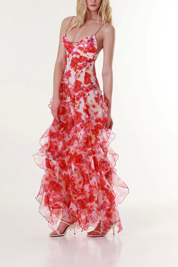 Millie | Floral Ruffle Long Skirt Women's Fashion Chiffon Printed Fairy Style Long Style Evening Dress Coupon