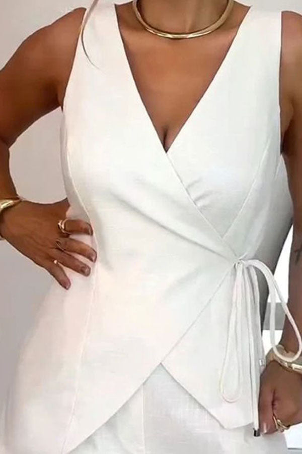 Solid Color Casual Sleeveless V-neck Top and Loose Shorts Set