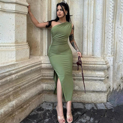 One Shoulder Short Sleeve Asymmetrical Midi Bodycon Dress HB75620