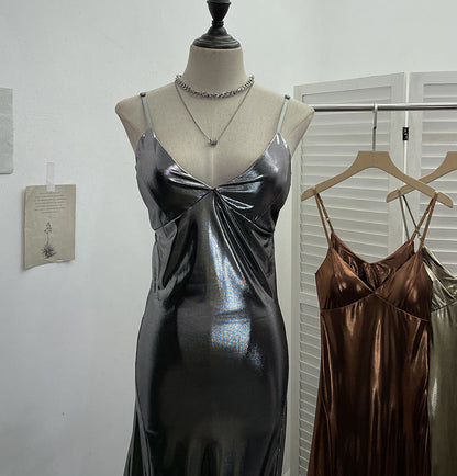 Sexy Liquid Metal Color Sling Dress with Chest Pad Dress