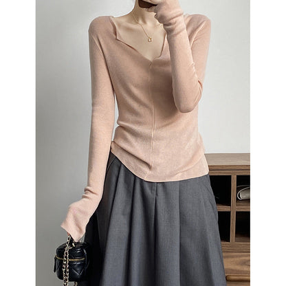 French V Neck Open Sweater Spring Inner Wear Elegant Slim Fit Long Sleeve Top