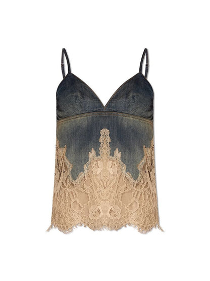 Personality Denim Two Piece Set Summer Drag Sister Sexy Lace Stitching Soft Surface Denim Suspender Shorts Sets
