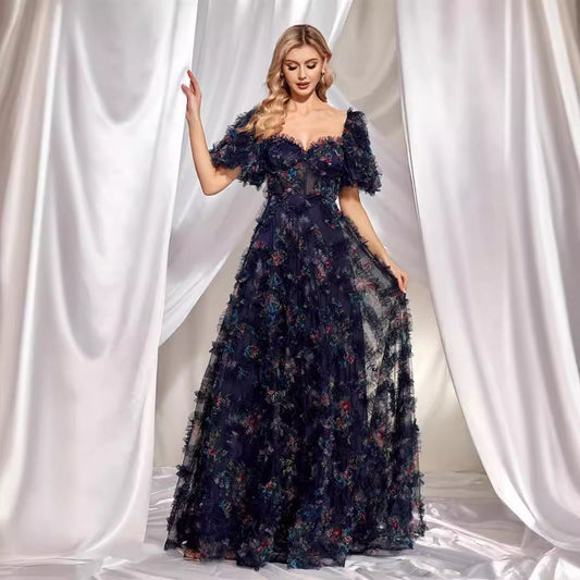 Evening Wear High Grade Floral U Neck Evening Dress Short Sleeve Slim Fit Party Cocktail Dress Women