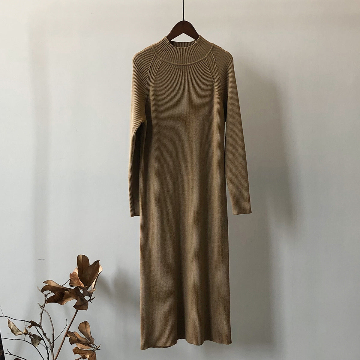 Knitted Dress Women Winter Half Turtleneck Bottoming Sweater Mid Length Overknee Dress