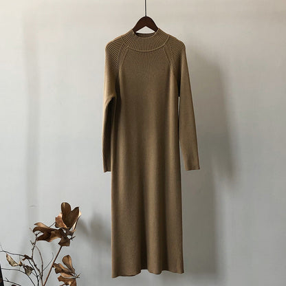 Knitted Dress Women Winter Half Turtleneck Bottoming Sweater Mid Length Overknee Dress
