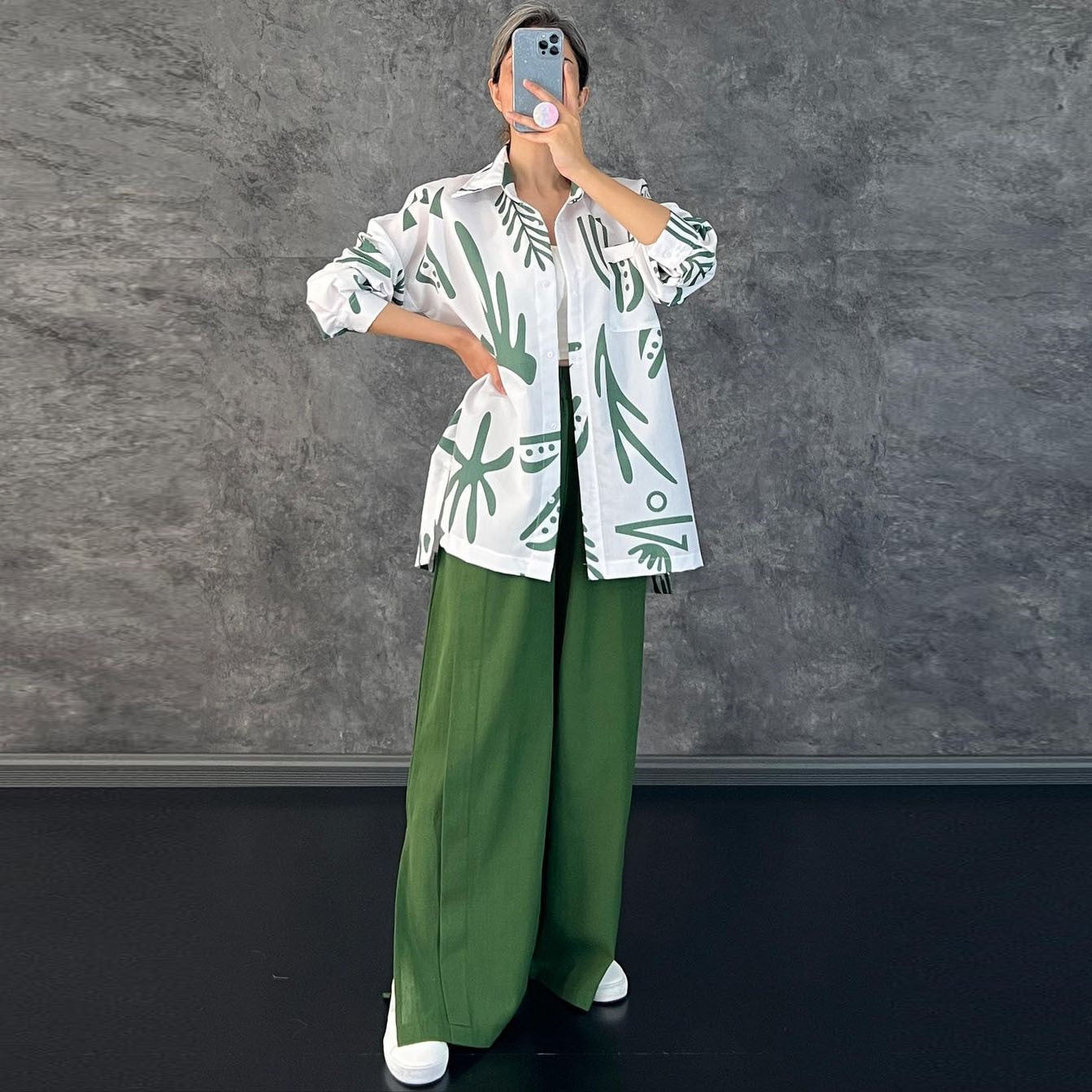 Women Clothing Casual Long Sleeve Printed Shirt High Waist Slit Wide Leg Pants Set Amplified craft