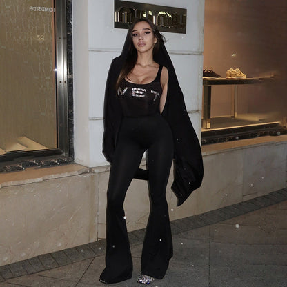 Summer Street Casual Slim Fit Letters Rhinestone Vest Type Jumpsuit Women