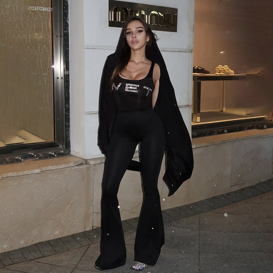 Summer Street Casual Slim Fit Letters Rhinestone Vest Type Jumpsuit Women