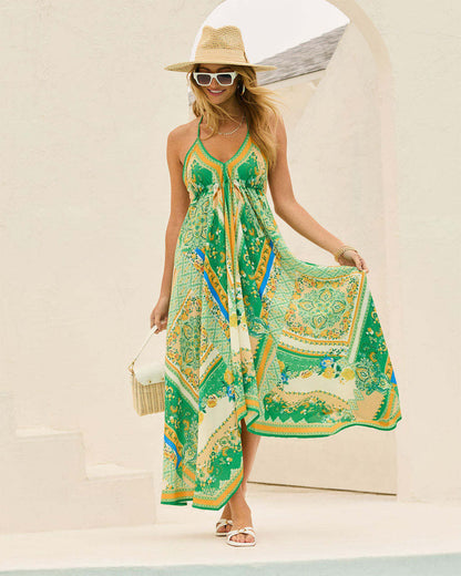 Spring Summer off the Shoulder V neck Women Clothing Spaghetti Strap Floral Print Fairy Long Elegant Dress Big Swing Dress Women