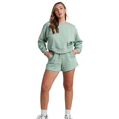 Solid Color Long Sleeve Sweaters Women Clothing Short Two-Piece Casual Shorts Suit