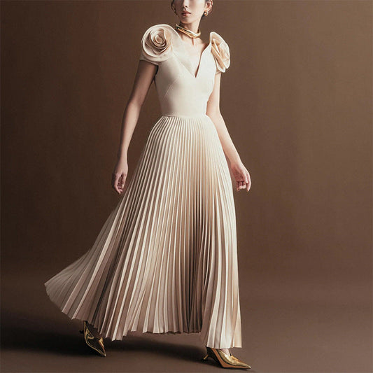 Socialite Large Floral Formal Dress 2025 Early Spring Sexy V neck High Waist Pleated Maxi Dress Women