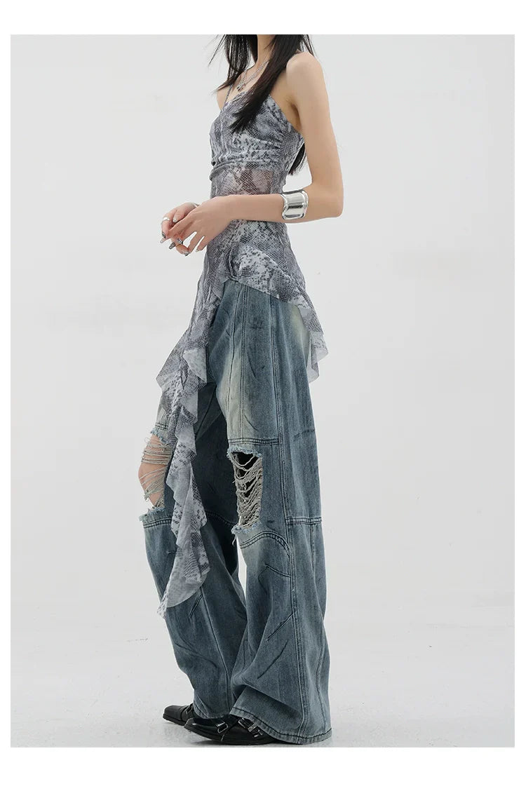 Vintage Distressed And Dirt-Dyed Patchwork Wide-Leg Jeans