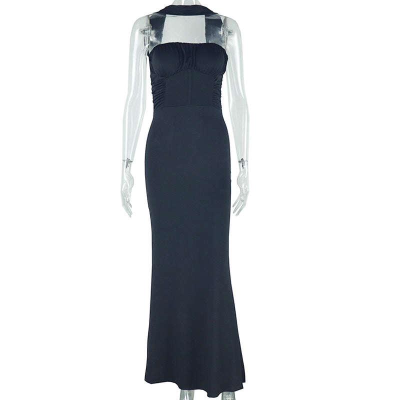 Women Clothing Solid Color Dress Tube Top Halter Cold Shoulder Sleeveless Maxi Dress