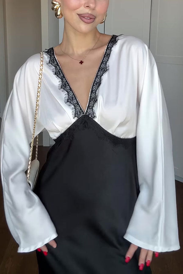 Lainei Contrast Color Satin Lace Trim V-neck Long Sleeve Maxi Dress