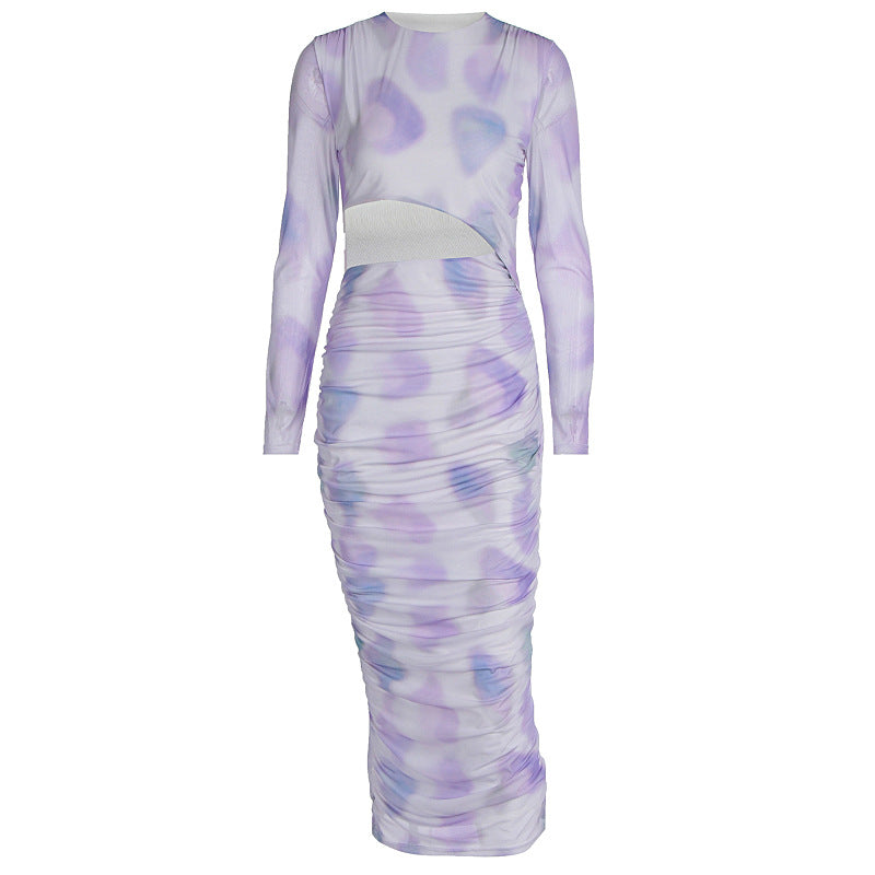 Women Clothing Autumn Winter Personalized Printing Gradient Color Hollow Out Cutout Long Sleeve Dress Women