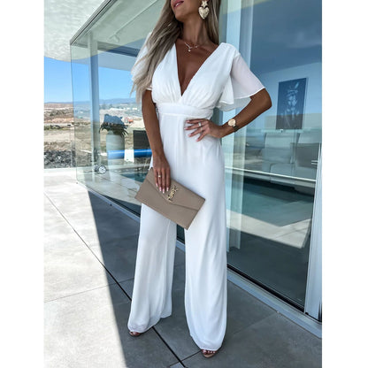 Spring Summer V neck Casual Short Sleeve Dress Loose Vacation Wide Leg One Piece Trousers Women
