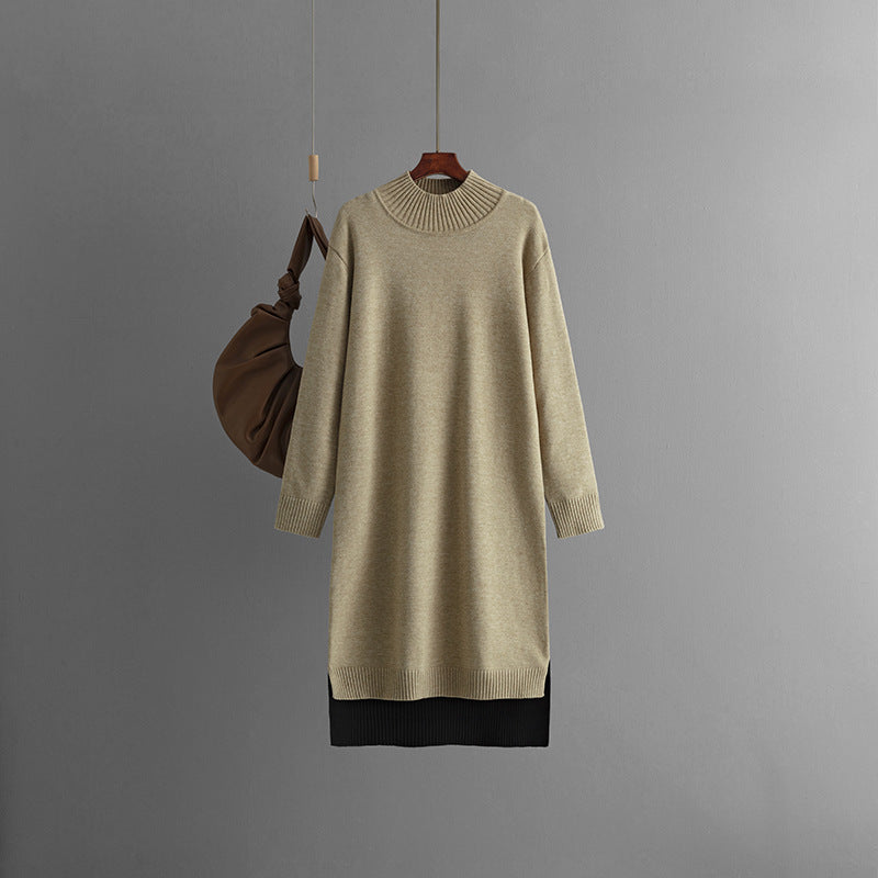 Autumn Winter Long Below The Knee Half Turtleneck Knitted Dress Loose Slimming Solid Color Woolen Dress Women