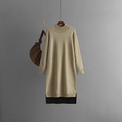 Autumn Winter Long Below The Knee Half Turtleneck Knitted Dress Loose Slimming Solid Color Woolen Dress Women