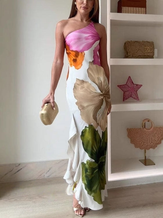 Ladies' Fashion Design Flower Printed Elegant Single Shoulder Side Ruffle Long Dress