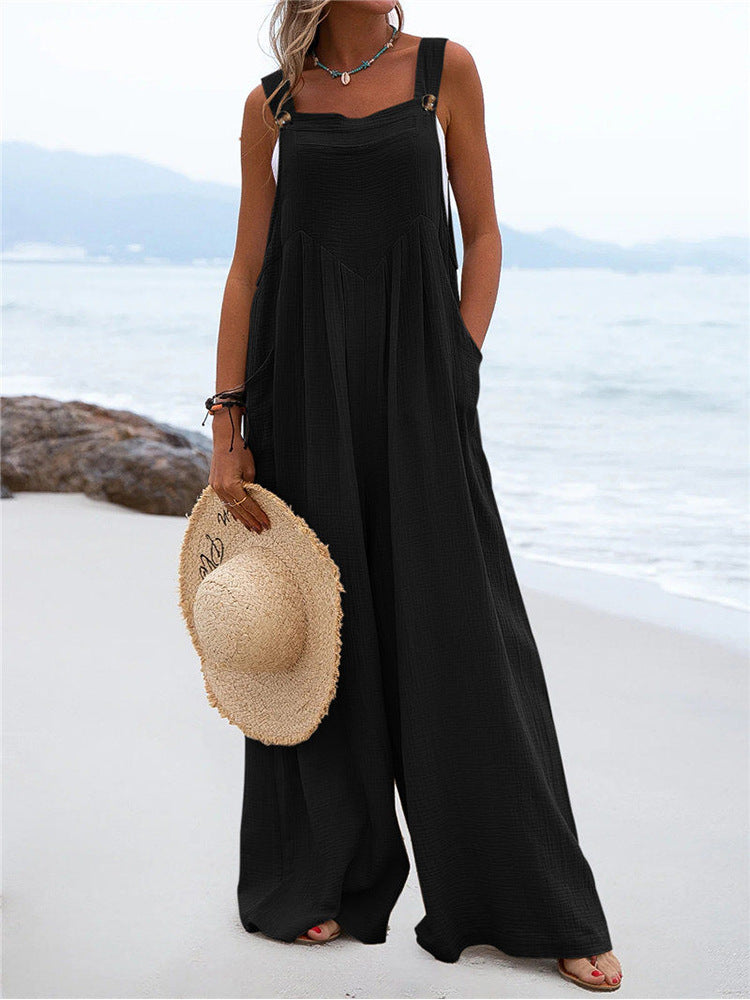 Summer New Women National Fashion Solid Color Buttons Sling Wide Leg Trousers Jumpsuit