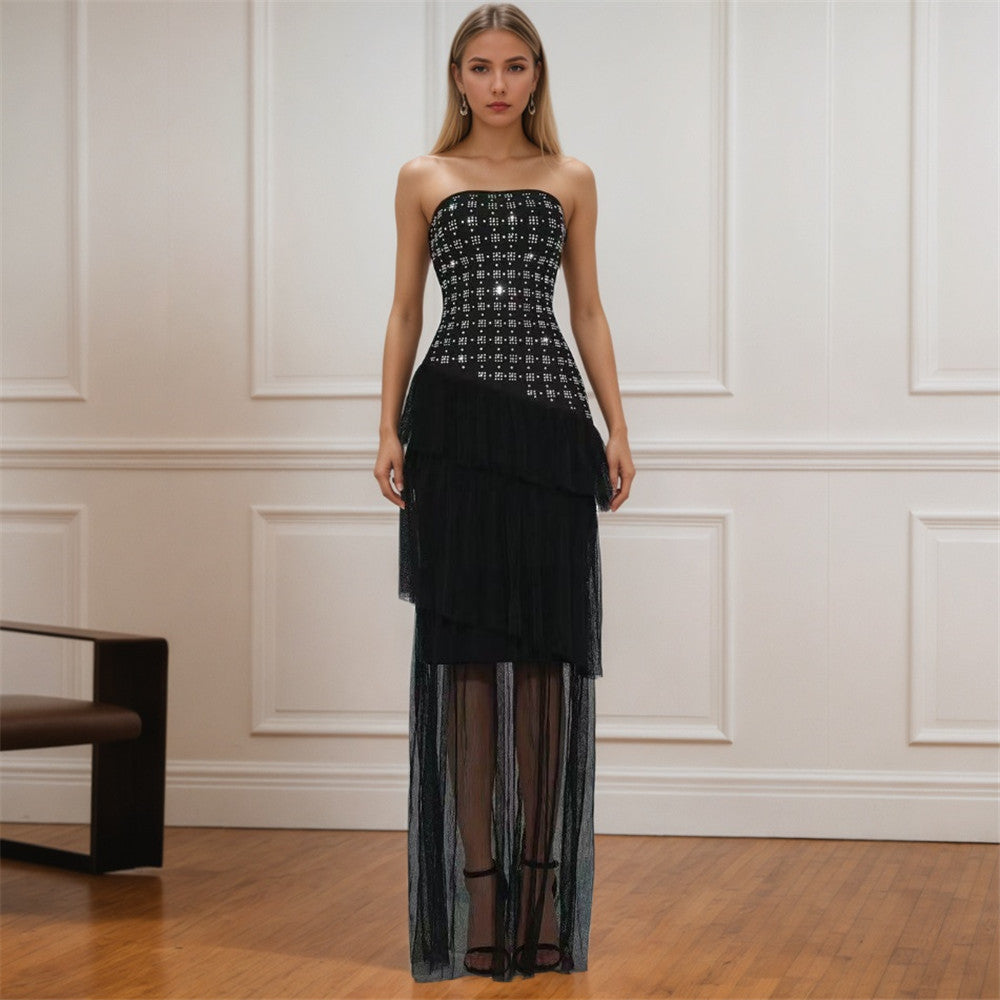 Special Interest Design Rhinestone Tube Top Bandage Dress Sexy Mesh Stitching Maxi Dress Party Dress