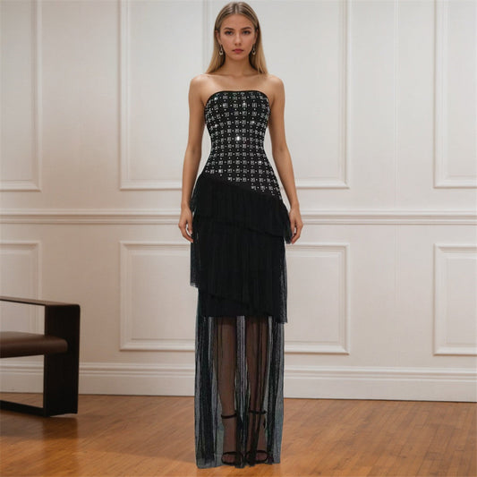 Special Interest Design Rhinestone Tube Top Bandage Dress Sexy Mesh Stitching Maxi Dress Party Dress