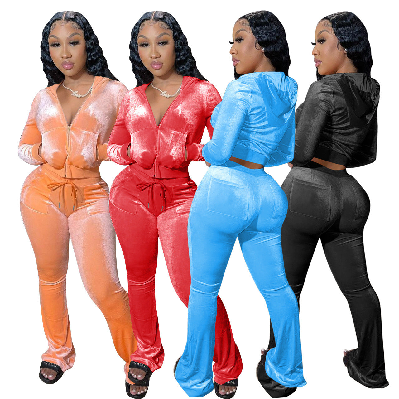 Women Clothing New Solid Color Gold Velvet Casual Hat Wide Leg Pants Two-Piece Set