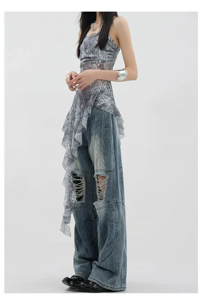 Vintage Distressed And Dirt-Dyed Patchwork Wide-Leg Jeans