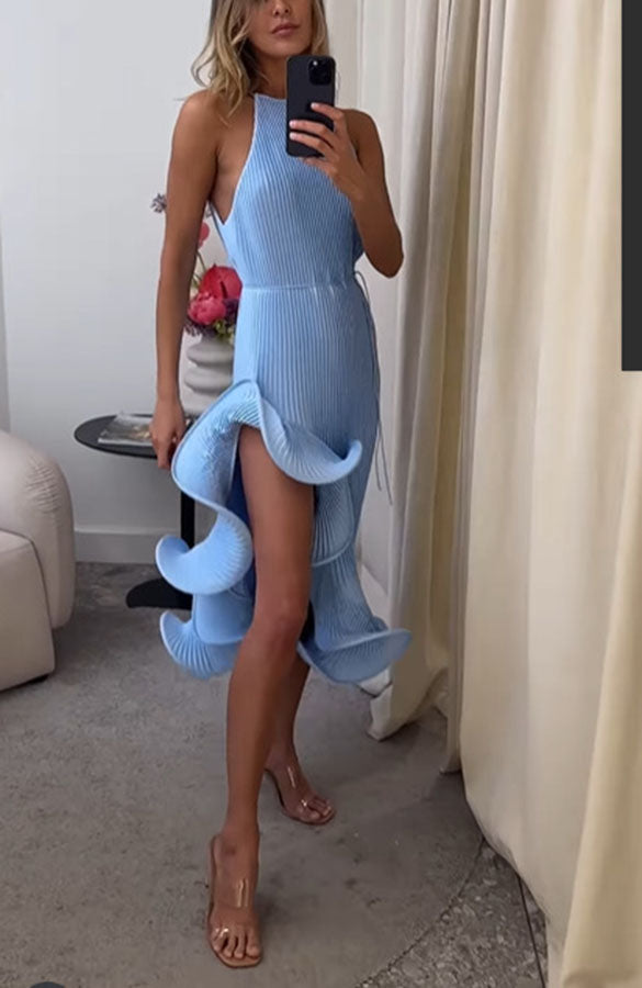 Solid Color Sleeveless Waist Tie Irregular Ruffle Slim Midi Dress