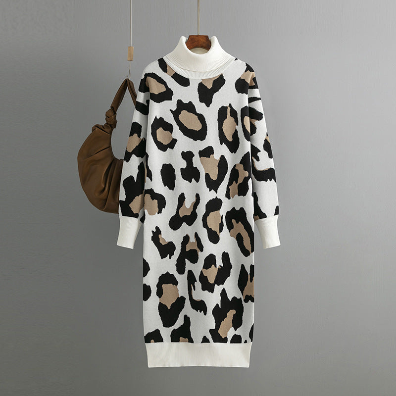 Autumn Winter Turtleneck Base Knitted Dress Leopard Print for Women