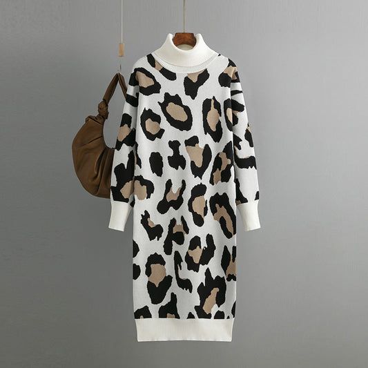 Autumn Winter Turtleneck Base Knitted Dress Leopard Print for Women