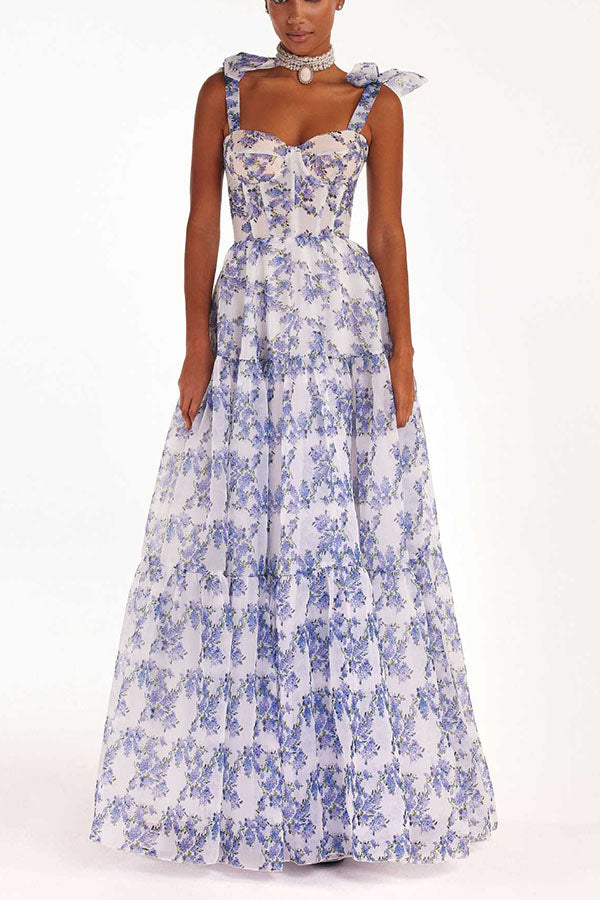 Fairytale Itself Organza Floral Print Tie Strap Maxi Dress