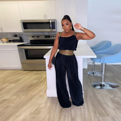 Popular Slim Fit Pleated Ribbon Matching Solid Color High Waist Wide Leg Two Piece Set