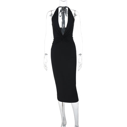 Sexy Deep V Plunge neck Sleeveless Solid Color Backless Street Sheath Mid Length Halter Dress Women Clothing