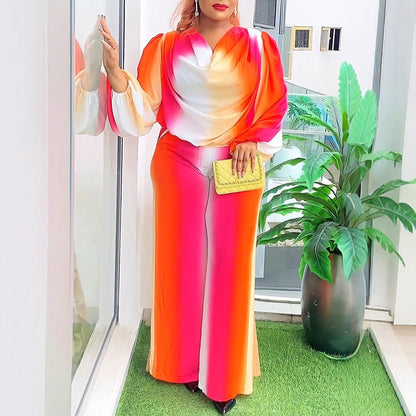 Lantern Sleeve Non Positioning Printing Swing Collar Wide Leg Pants Sets