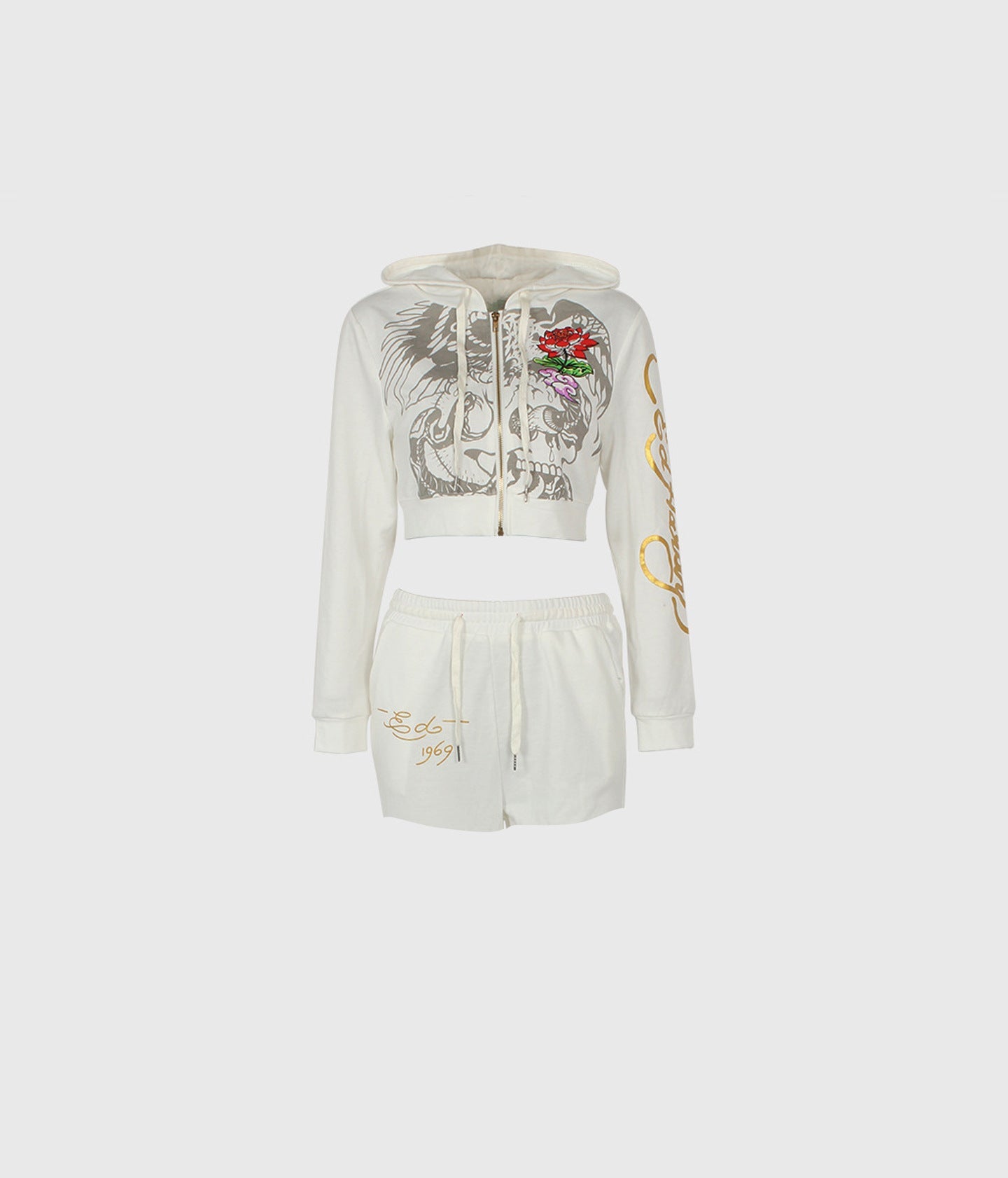 Brand Street Skull Heart Printing Basic Zipper Short Cardigan High Waist Straight Leg Pants Two Piece Sets Women