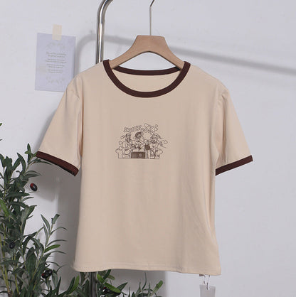 Real Shot Loose Slimming Printed round Neck Contrast Color Short Sleeve Casual Bottoming Shirt Top T shirt