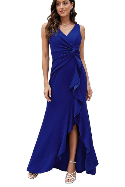 V neck Sleeveless Slim Fit Elegant Ruffled Split Long Evening Dress