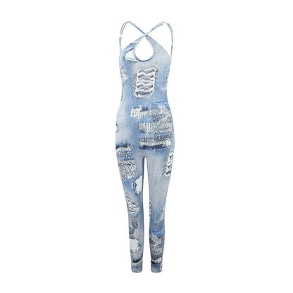 Sexy Sexy Women Clothing Trendy Printing Gallus Siamese Trousers Stretch Slim Jumpsuit