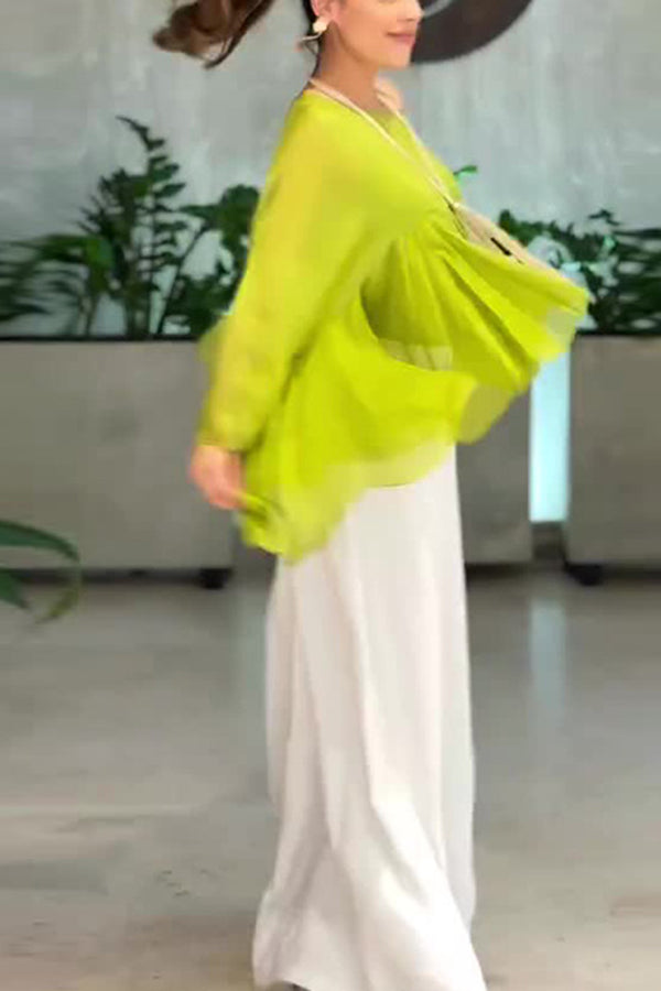 Romantic Journey Chiffon Ruffle Batwing Sleeve Top and Elastic Waist Pocket Loose Pants Set