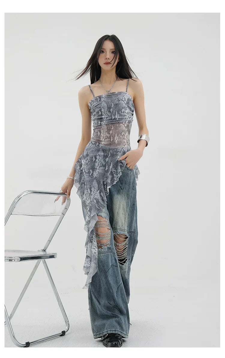 Vintage Distressed And Dirt-Dyed Patchwork Wide-Leg Jeans