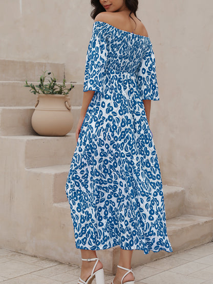 Ladies' Vacation Flower Street Elegant Printed Off Shoulder Waist Pocket Long Dress