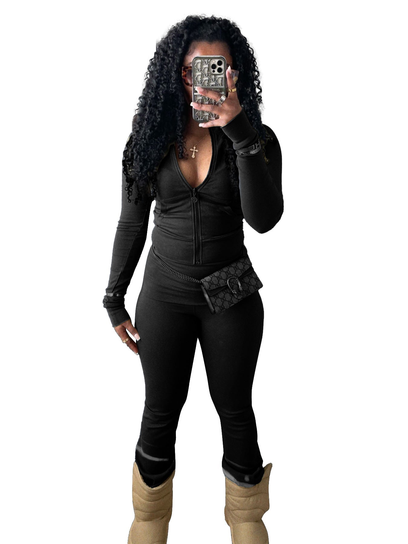 Women Clothing Sports Casual Tight Zipper Low Waist Fold Slightly Flared Fleece Lined Two Piece Sets