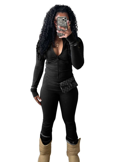 Women Clothing Sports Casual Tight Zipper Low Waist Fold Slightly Flared Fleece Lined Two Piece Sets