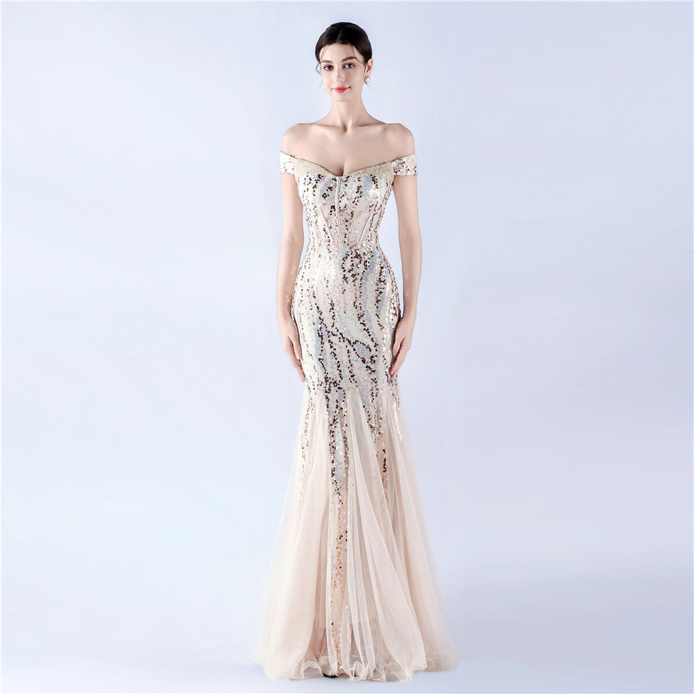 Dress Craft Beaded Mesh Sequin Evening Dress Annual Meeting Performance Host