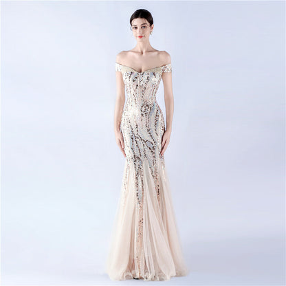 Dress Craft Beaded Mesh Sequin Evening Dress Annual Meeting Performance Host