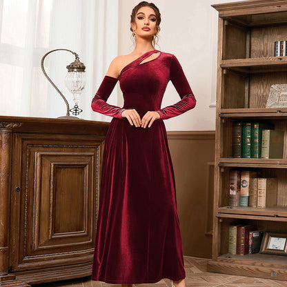 One Shoulder Long Sleeve High Slit Sexy Slim Waist Mid Length Evening Dress