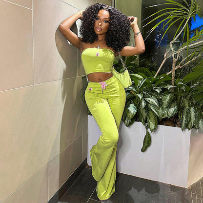 Suit Embroidery Tube Top High Waist Casual Trousers Two Piece Set