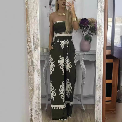 Street Hipster Wrapped Chest Printed Jumpsuit High Waist Casual Pants Women
