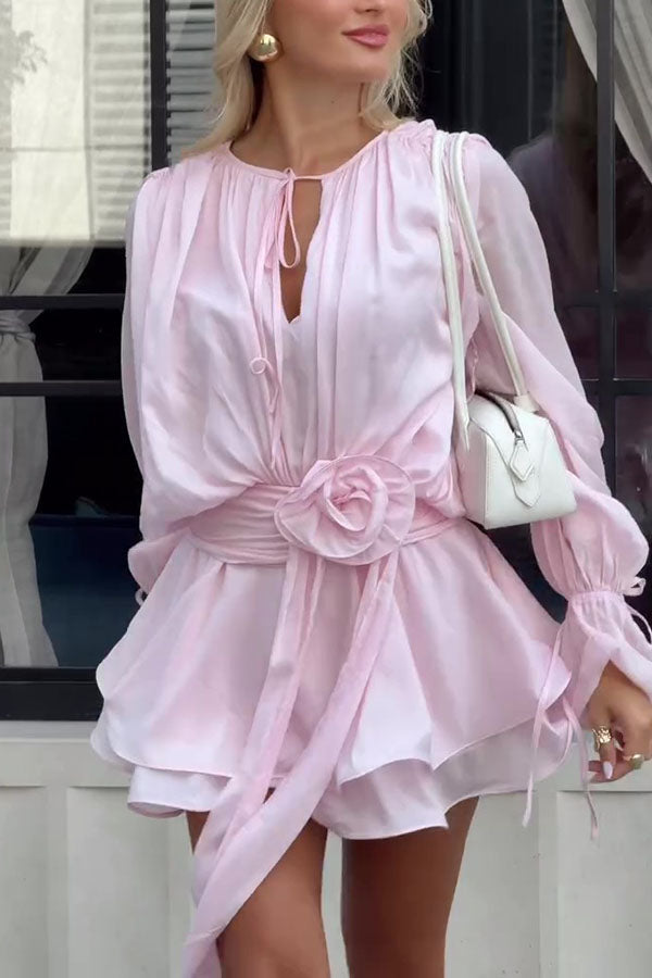 Solid Color Long Sleeve V-Neck Lace-Up Elegant Flower Decorated Mini Dress
